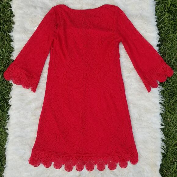 Red Lace Crochet Dress Laundry Shelli Segal Size 6 Scallop Edge Flare Sleeve NWT - Picture 8 of 9